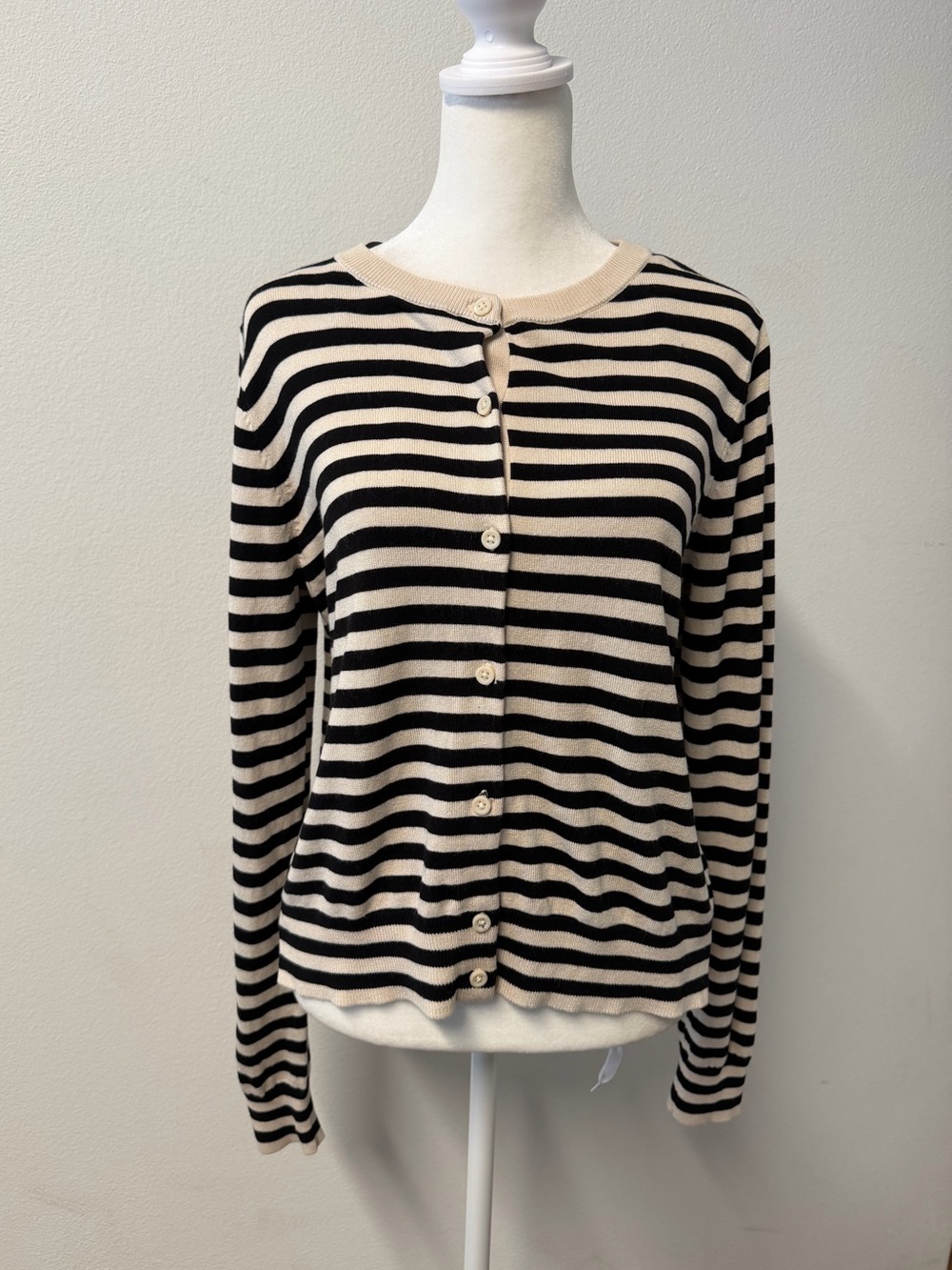 H&M Black Beige Striped Button Front Cardigan Size L French Girl Preppy Schoolco